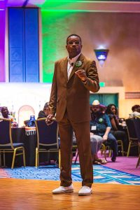 man addressing crowd