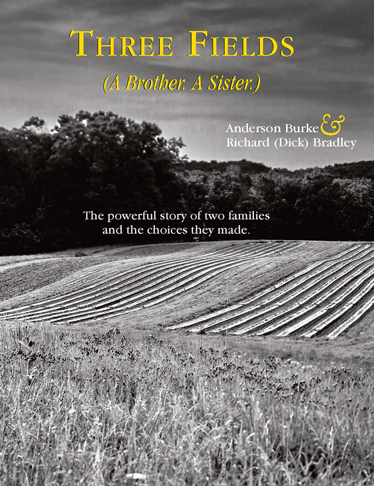 black and white image of book cover showing three fields with title in yellow